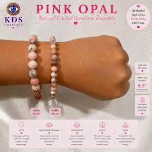 May include: Pink Opal gemstone bracelets with 8mm and 6mm beads. The bracelets are displayed on a wrist, with the text "PINK OPAL Natural Crystal Gemstone Bracelets". The bracelets are approximately 6.5 inches in wrist size.