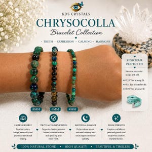 May include: The image showcases a Chrysocalla Bracelet Collection. Three bracelets with 8mm, 6mm, and 4mm beads are displayed. The bracelets feature a mix of green, blue, and black tones. The text on the image includes "Truth, Expression, Calming, Harmony."