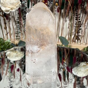 May include: A clear quartz crystal point with internal inclusions of tan and brown hues. The crystal is faceted and stands upright, reflecting light. The background features dried flowers and decorative elements, suggesting a focus on natural decor and spiritual items.
