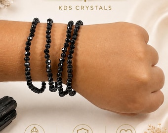 Black Tourmaline Bracelet, 4mm Faceted Gemstone Beads, Natural Crystal Stretch Bracelet, Dainty Black Stone Jewelry