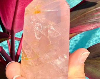 Natural Rose Quartz Tower with Golden Healer | Love & Energy Healing Stone | Crystal Point