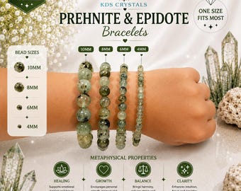 Prehnite Bracelet with Epidote, Natural Green Crystal Bracelet, 4mm 6mm 8mm 10mm Gemstone Beaded Stretch Bracelet