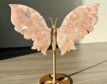 Flower Agate Butterfly Wings on Stand (Set) | Polished Crystal Wing Carvings | Shelf & Altar Decor