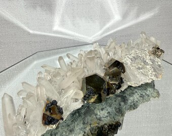 Iridescent Pyrite & Quartz Crystal Specimen, Rainbow Pyrite Cluster, Natural Quartz Crystal Display, Collector Mineral