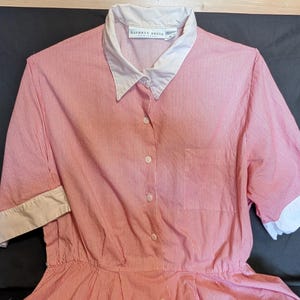 Pode incluir: Vestido listrado em vermelho e branco com mangas curtas, gola e punhos brancos. O vestido tem uma frente abotoada e uma cintura ajustada. O nome da marca "KATHRYN ROSS" é visível.
