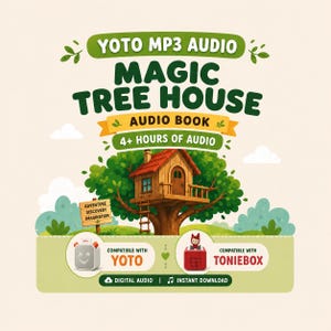 Puede incluir: Anuncio de audio digital para el audiolibro "Magic Tree House". La imagen presenta una ilustración de una casa en el árbol con el texto "YOTO MP3 AUDIO" y "4+ HOURS OF AUDIO". Compatible con YOTO y Toniebox.