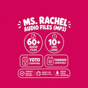 Könnte beinhalten: Ein pinkfarbener Hintergrund mit weißem Text und Symbolen, der "Ms. Rachel Audio Files (MP3)" bewirbt. Es zeigt 60+ Audiodateien, über 10 Stunden lang, Yoto- und Toniebox-kompatibel, mit sofortigem digitalem Download.