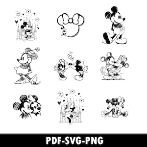 May include: Black and white illustrations of Mickey Mouse and Minnie Mouse in various poses. Some images show the characters together, while others feature them individually. The text "PDF-SVG-PNG" is at the bottom.