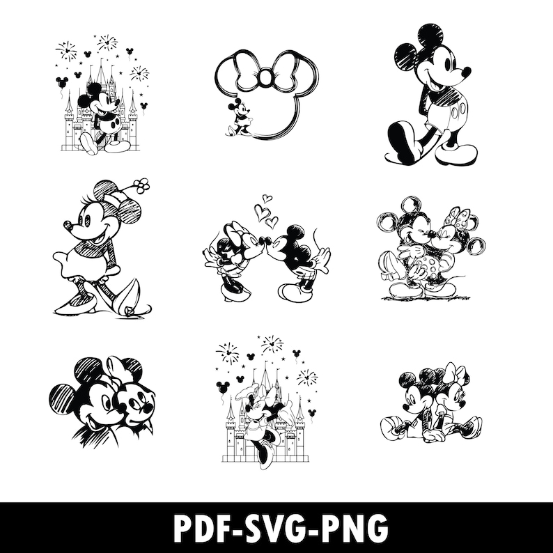 May include: Black and white illustrations of Mickey Mouse and Minnie Mouse in various poses. Some images show the characters together, while others feature them individually. The text "PDF-SVG-PNG" is at the bottom.
