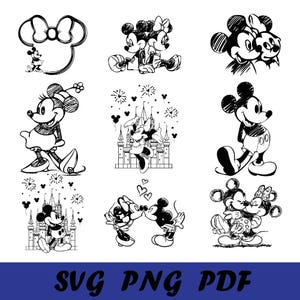 Puede incluir: Ilustraciones en blanco y negro de Mickey y Minnie Mouse en varias poses. Algunas imágenes muestran a los personajes juntos, mientras que otras los presentan individualmente. El texto "SVG PNG PDF" está en la parte inferior.