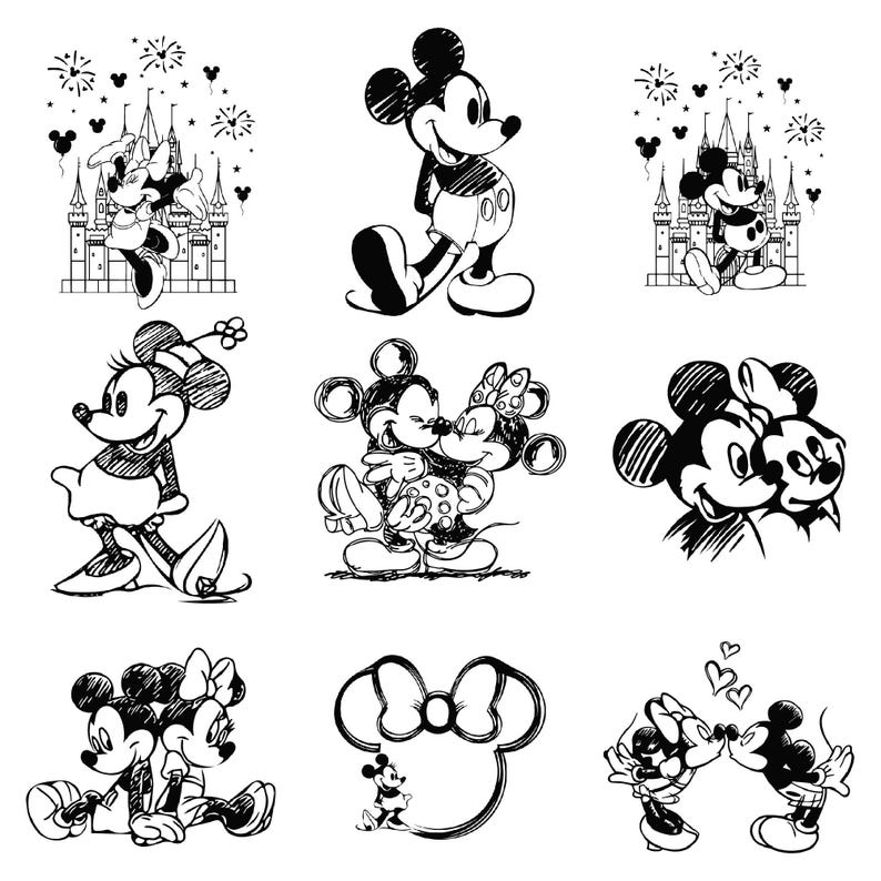 May include: A collection of black and white illustrations featuring Mickey and Minnie Mouse. The images depict various poses, including Mickey Mouse walking, the couple embracing, and scenes with a castle and fireworks.