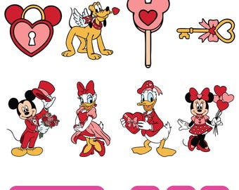 Pacchetto SVG romantico di Topolino e amore, set di clipart di San Valentino di Minnie e Topolino per Cricut, file PNG di coppia a forma di cuore per sublimazione e stampa