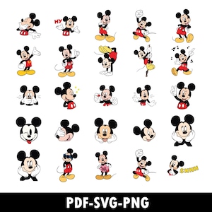 May include: A collection of Mickey Mouse illustrations in various poses. Mickey is depicted in his classic red shorts, yellow shoes, and white gloves. The images are in black, red, yellow, and white. The text "PDF-SVG-PNG" is at the bottom.