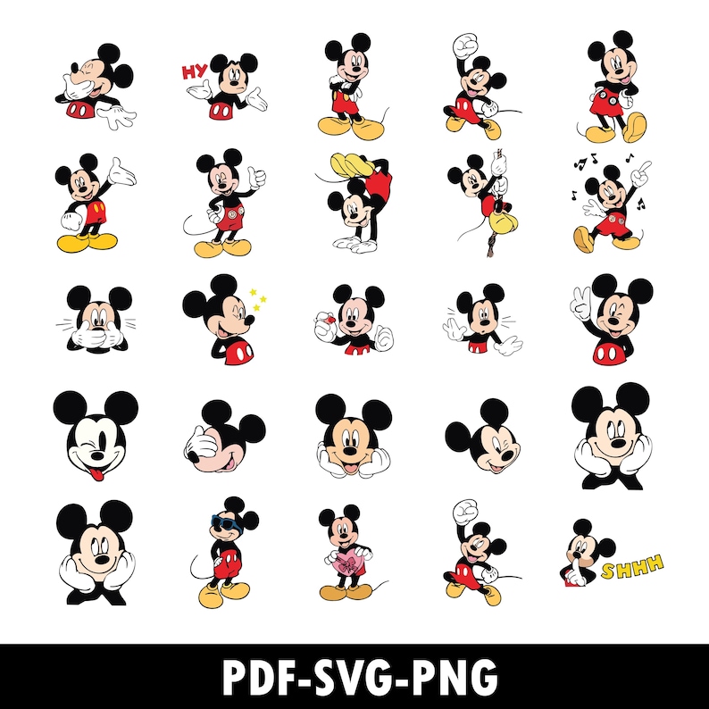 May include: A collection of Mickey Mouse illustrations in various poses. Mickey is depicted in his classic red shorts, yellow shoes, and white gloves. The images are in black, red, yellow, and white. The text "PDF-SVG-PNG" is at the bottom.