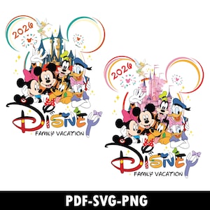 May include: A colorful Disney family vacation design featuring Mickey and Minnie Mouse, Donald and Daisy Duck, Goofy, and Pluto. The design includes a castle, fireworks, and the year 2026. The word "Disney" is prominently displayed.