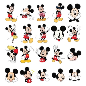 May include: A collection of cartoon illustrations of Mickey Mouse in various poses. Mickey is depicted in his classic outfit: red shorts, yellow shoes, and white gloves. The images showcase different expressions and actions.