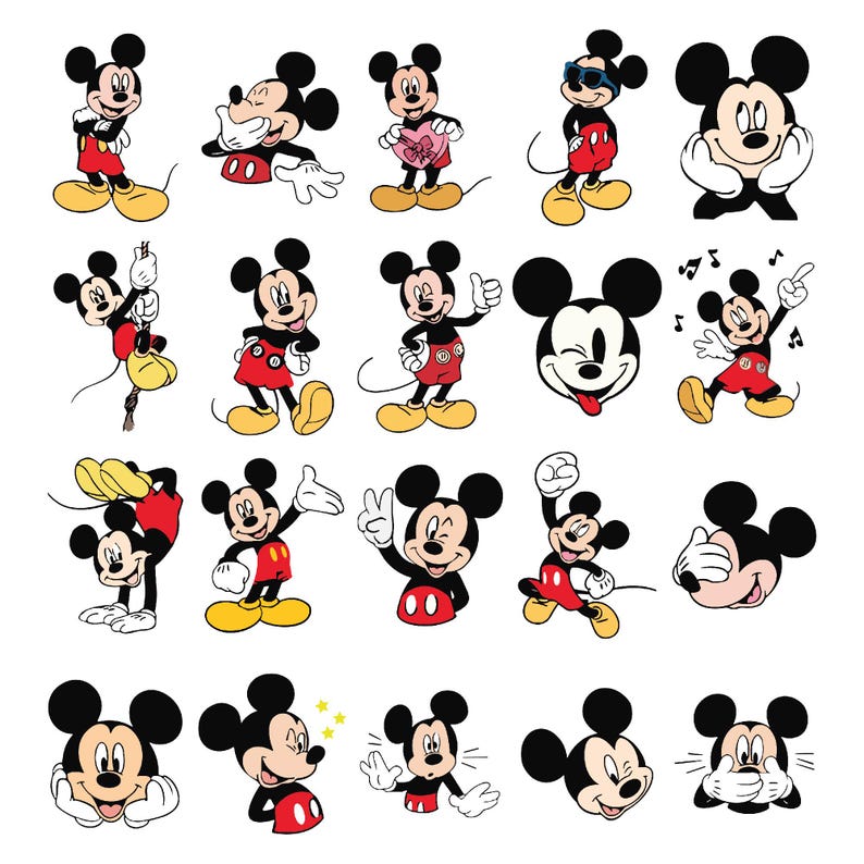May include: A collection of cartoon illustrations of Mickey Mouse in various poses. Mickey is depicted in his classic outfit: red shorts, yellow shoes, and white gloves. The images showcase different expressions and actions.
