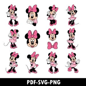 Op de afbeelding: Een verzameling Minnie Mouse-illustraties in verschillende poses. Minnie draagt een roze jurk, strik en schoenen. De afbeeldingen zijn in cartoonstijl, met een witte achtergrond. De tekst "PDF-SVG-PNG" staat onderaan.