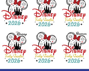 Pacchetto di viaggio in famiglia in formato SVG, Vacanza in famiglia 2026 in formato SVG, Testa di topo del castello magico in formato SVG, Modalità vacanza in formato SVG, Il giorno più bello di sempre in formato SVG, Squadra di amici in formato SVG