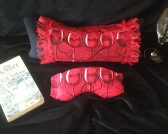 Glamping Pillow Set, Red Wine, Vacation, Camp in style, Luxury,  Neckroll, Eye Pillow, Red & Black, Vino, Sommelier, Escape, Travel Pillow