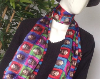 Buddha scarf, multi-colored, satin, dupatta, neck wrap, masks, faces, colorful, hippie, peace, asian, yoga, zen, meditate