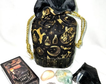 Divination Bag, Black, Tarot Cards, Gold, Drawstring, Wicca, Crystal bag, Medieval, Norse, Practice, Runes Bag, Pouch, Magic, Cat, Oracle