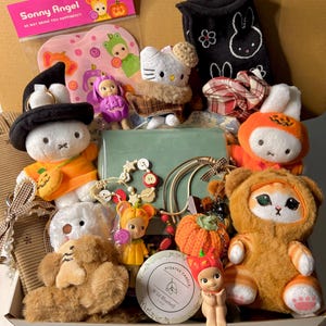 Może przedstawiać: Pudełko prezentowe zawierające różne przedmioty, w tym kartkę na Halloween Sonny Angel, czarną skarpetkę Miffy, pluszaka Hello Kitty, gumkę do włosów w kratę, pluszaka Miffy czarownicę, pluszaka Miffy dynię, pluszowego kota oraz świecę zapachową.