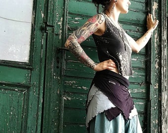 witchy pirate skirt *forest pixie* upcycled tattered black and lightblue size S/M