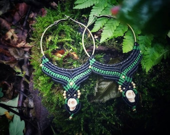 native tribal forest skull macrame earrings ethnic jewelry hoops gypsy witchcraft brass