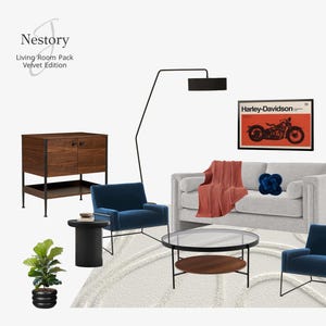 May include: A contemporary living room arrangement with a grey sofa, two navy armchairs, and a circular coffee table. A Harley-Davidson poster is displayed above the sofa. The room includes a wooden cabinet, a floor lamp, and a tall bookshelf. A rug and a potted plant complete the decor.