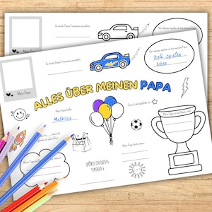 Könnte beinhalten: Eine Schwarz-Weiß-Ausmalvorlage mit dem Text "Alles Über Meinen Papa" und Ausfüllfeldern. Enthält Zeichnungen eines Autos, Luftballons, eines Fußballs, einer Trophäe und einer Sonne. Buntstifte sind im Vordergrund.