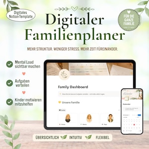 Może przedstawiać: Cyfrowy szablon planera rodzinnego Notion wyświetlony na tablecie i smartfonie. Ekran pokazuje pulpit nawigacyjny rodziny z podziałem zadań, profilami członków rodziny i widokiem kalendarza. Tekst: Digitaler Familienplaner.