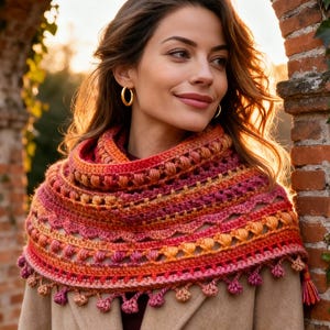 May include: A vibrant, crocheted shawl in red, orange, and pink hues, featuring a textured pattern and a fringe of small tassels. The shawl is worn over a beige coat, creating a warm and stylish look.