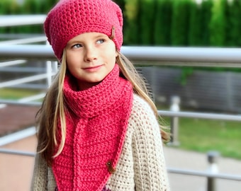 Crochet Winter Kids Pattern  - Scarf Cowl and Beanie Hat, Adult and Kids sizes