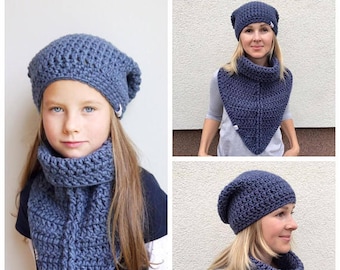 Crochet Winter Kids Pattern  - Scarf Cowl and Beanie Hat, Adult and Kids sizes