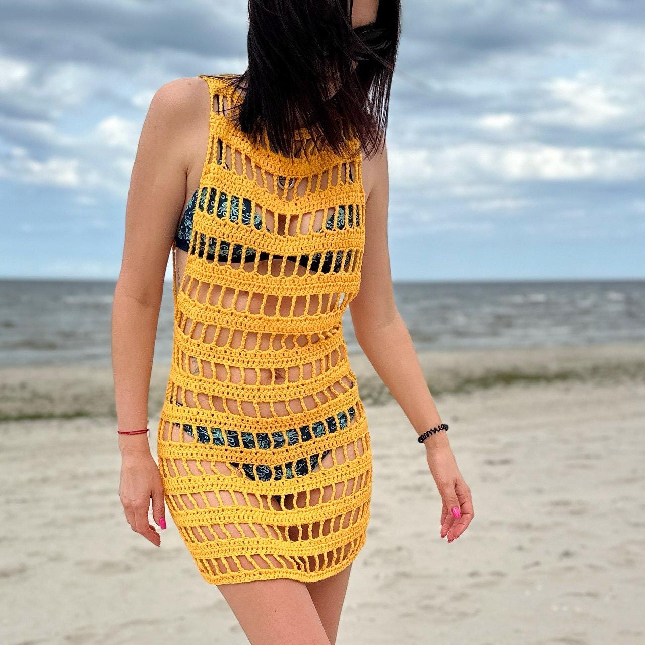 crochet patchwork cover up beach dress Swim Lushoire Vacation Colorful Crochet Lace Patchwork Fringe Trim V-Neck Beach Cover Up Dress