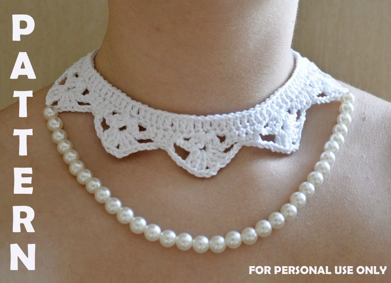 May include: White crocheted choker necklace with a scalloped edge, worn over a pearl necklace. "FOR PERSONAL USE ONLY" is written in the bottom right corner of the image.