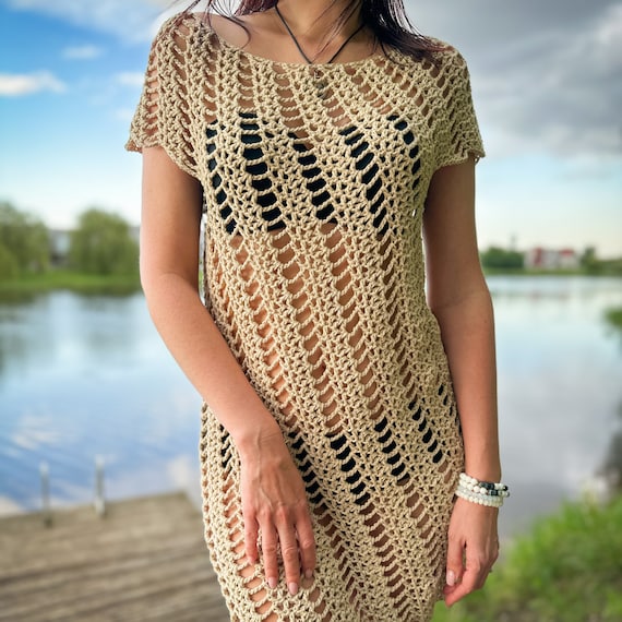 beige crochet beach dress Boho Crochet Beach Cover Up – Mini Dress with Long Sleeves in Black | Women's Boho Fashion | One Size main image 0