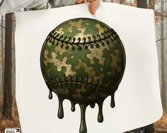 Camo Dripping Baseball PNG | Military Baseball Sublimation Design | Army Sports Clipart | Grunge Athletic PNG for Shirts & Tumblers