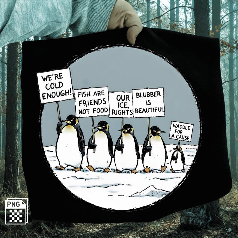 May include: Black tote bag featuring a cartoon of penguins protesting on an icy landscape. The penguins hold signs that read "We're Cold Enough!", "Fish Are Friends Not Food", "Our Ice, Rights", "Blubber Is Beautiful", and "Waddle For A Cause".