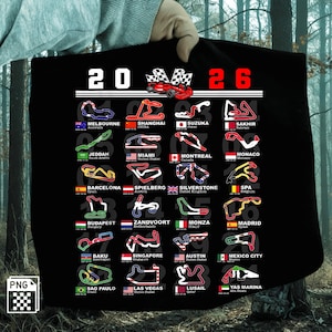 May include: Black t-shirt with a race car and chequered flag graphic, and the numbers "20" and "26". It shows race track layouts and locations, including Silverstone, Monaco, and Monza.