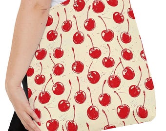 Red Cherry Pattern Tote Bag | Retro Fruit Print All-Over