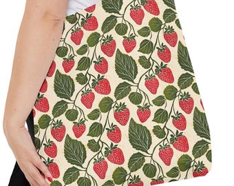 Strawberry Pattern Tote Bag | Red Berries Botanical Print