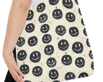 Smiley Face Pattern Tote Bag | Black Chalk Smiles on Ivory