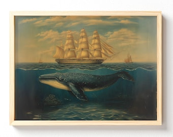 Whale Beneath Sailing Ship Matte Horizontal Poster | Nautical Ocean Art 696 unframed