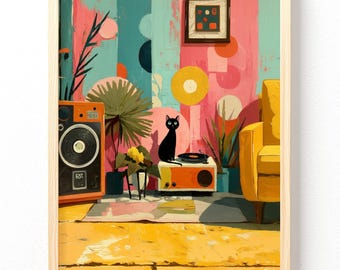 Mid Century Modern Retro Cat Record Player Poster | Matte Vertical Poster, unframed 671