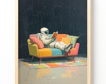 Astronaut Reading Book on Colorful Sofa Poster | Matte Vertical Art Print, unframed, 682