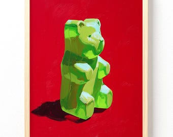 Green Gummy Bear Matte Vertical Poster | Candy Pop Art, Red Background, unframed 659