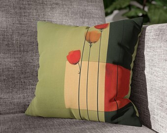 Poppy Stems Pillowcase | Square Pillowcase, Floral Modern Art 353