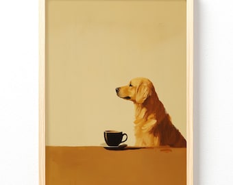 Golden Retriever Wall Art, Dog Print with Coffee Mug, Warm Tan Background 403, Unframed